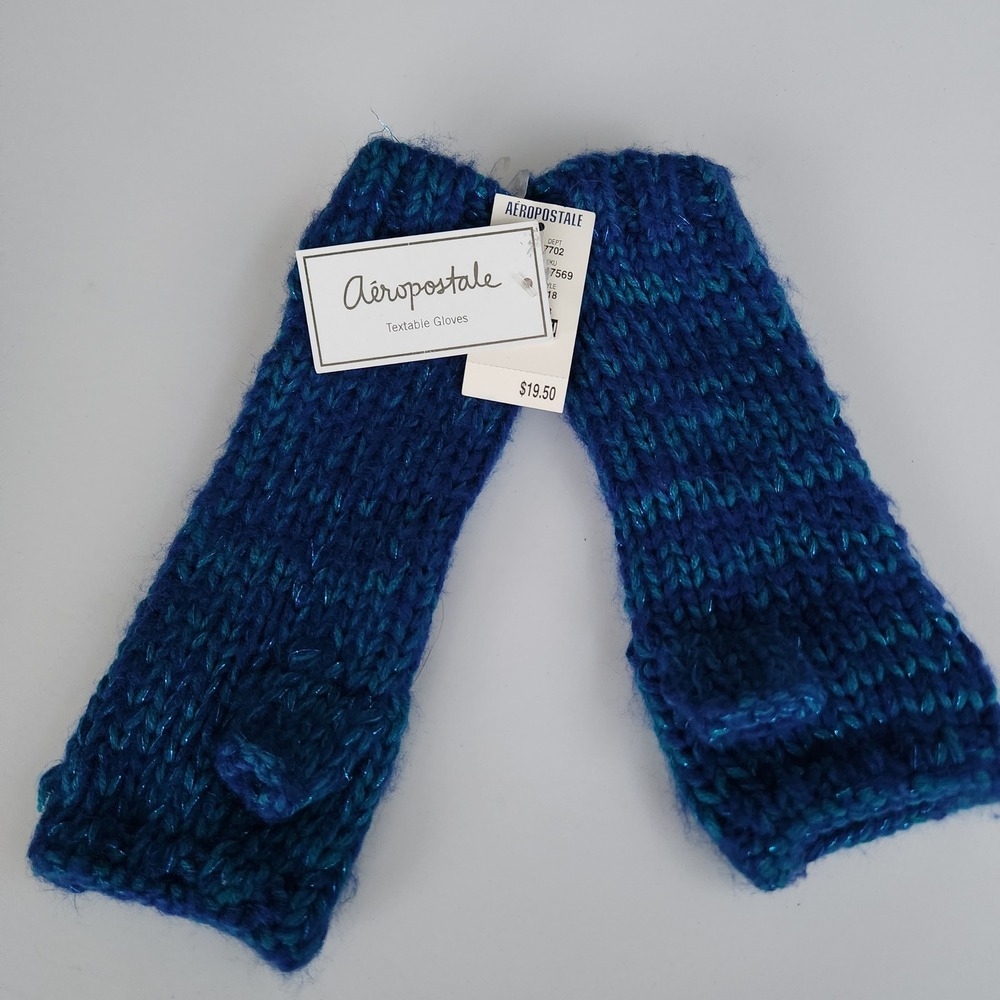 Aeropostale Blue Teal Cable Knit Fingerless Textable Gloves Arm Warmers NWT - Picture 5 of 5